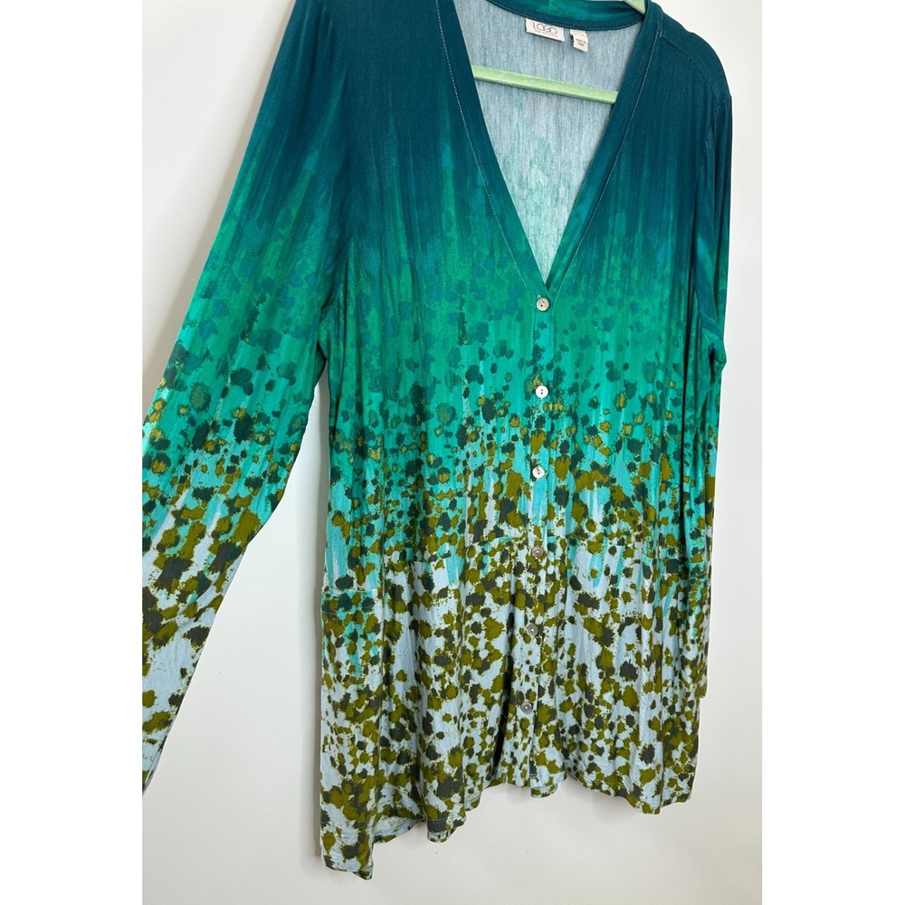 LOGO Lori Goldstein Teal Green Ombre Splatter Print Button Front Tunic Cardi XL - Picture 3 of 10